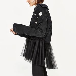ZARA Black Denim Jacket with Tulle